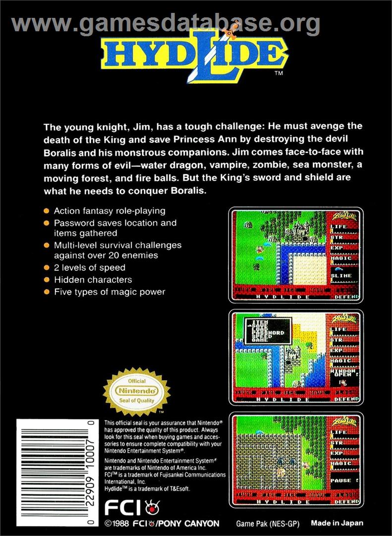 Hydlide - Nintendo NES - Artwork - Box Back