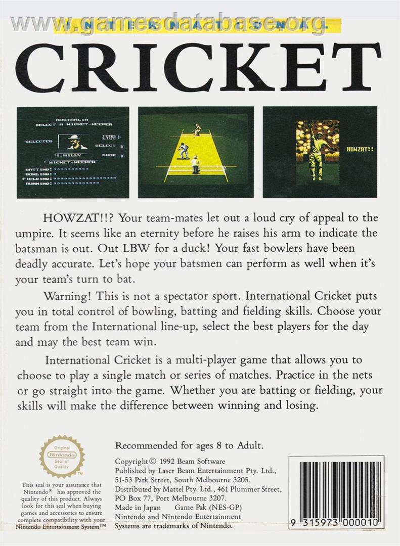 International Cricket - Nintendo NES - Artwork - Box Back