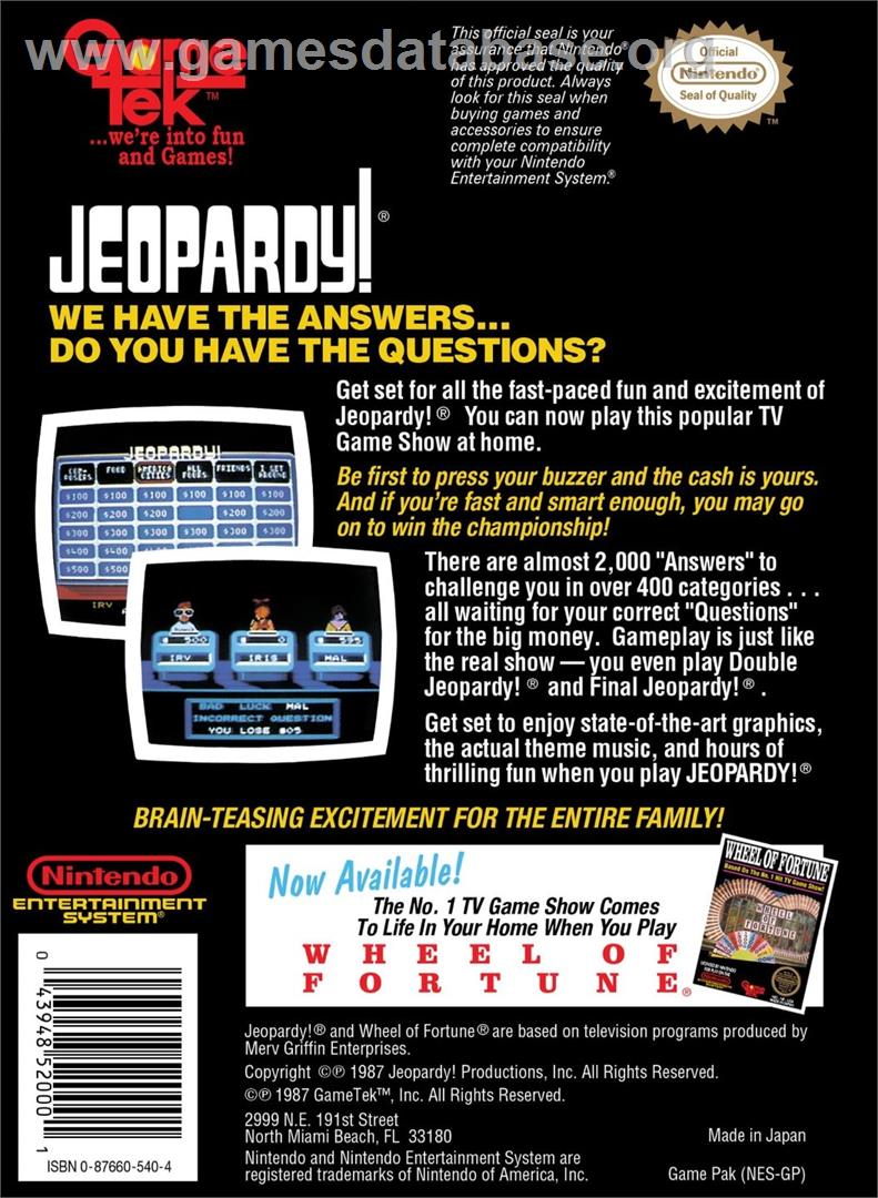 Jeopardy! - Nintendo NES - Artwork - Box Back