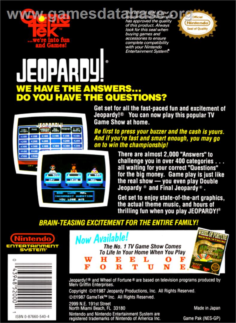 Jeopardy - Nintendo NES - Artwork - Box Back