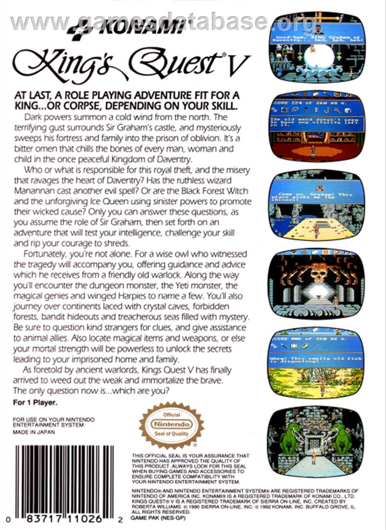 King's Quest V: Absence Makes the Heart Go Yonder - Nintendo NES - Artwork - Box Back