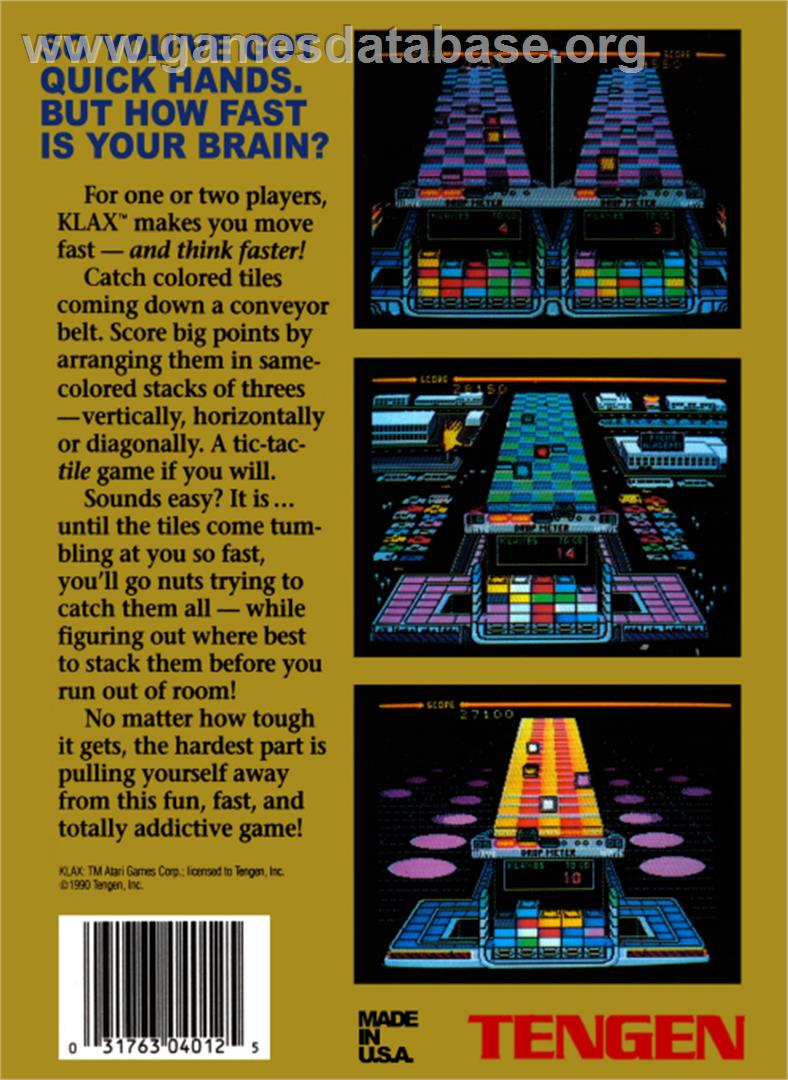 Klax - Nintendo NES - Artwork - Box Back