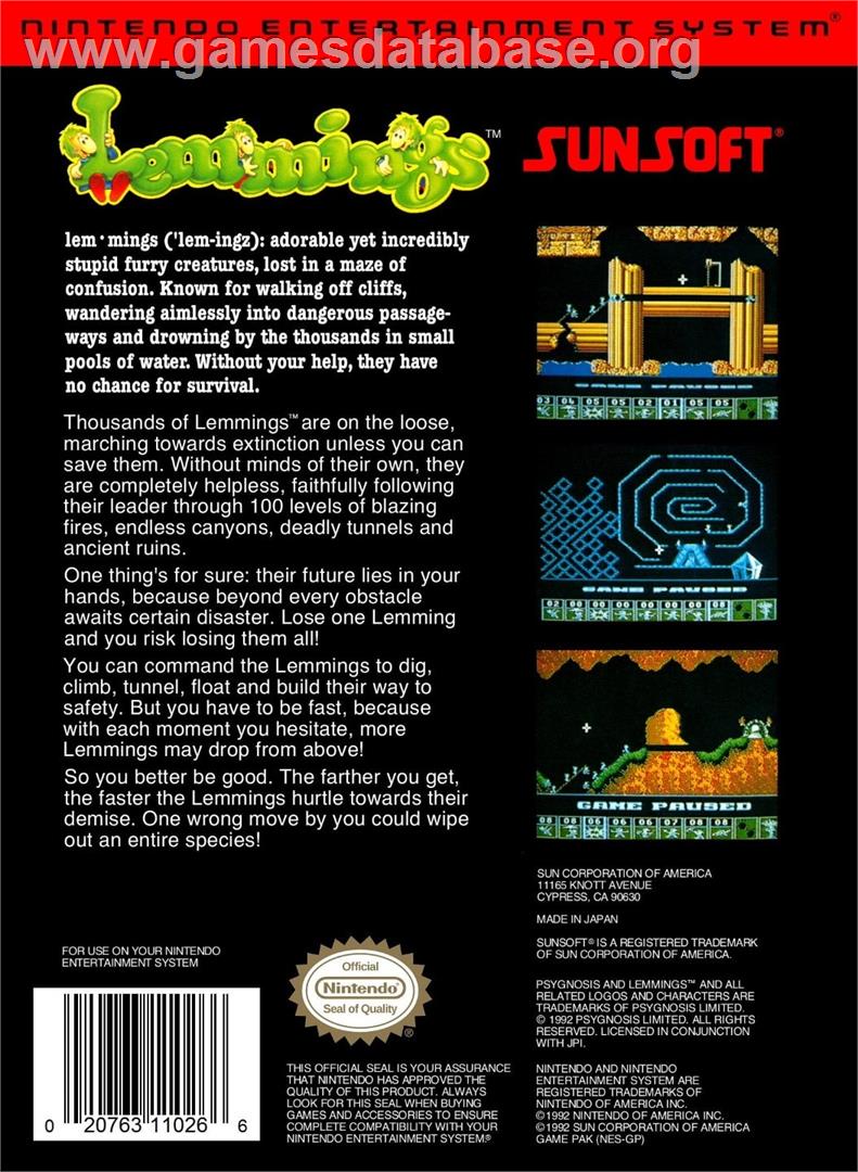 Lemmings - Nintendo NES - Artwork - Box Back