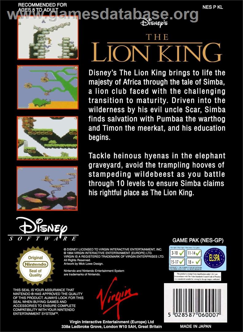 Lion King, The - Nintendo NES - Artwork - Box Back