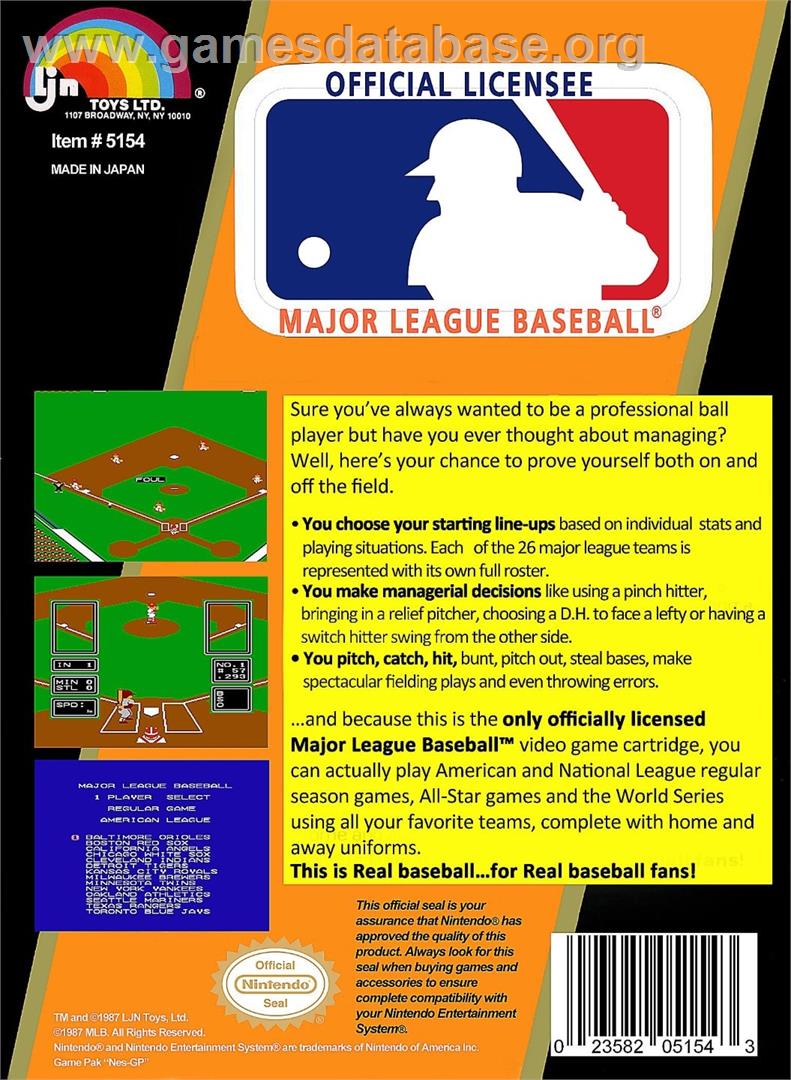 Major League Baseball - Nintendo NES - Artwork - Box Back