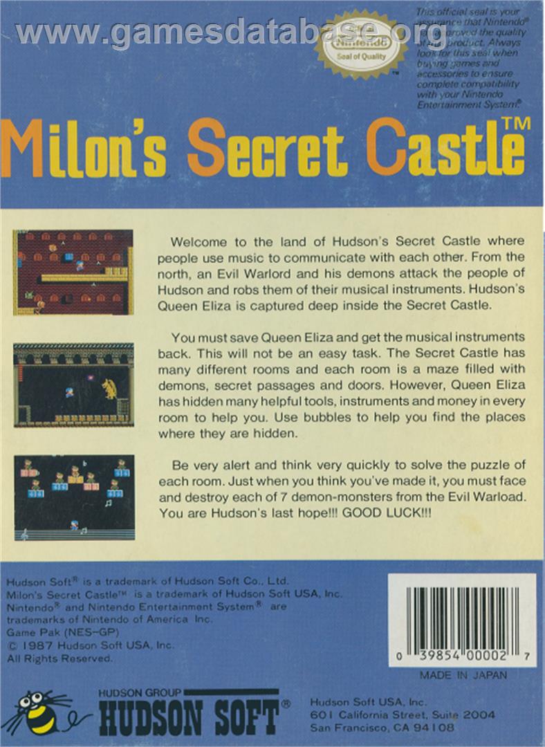Milon's Secret Castle - Nintendo NES - Artwork - Box Back