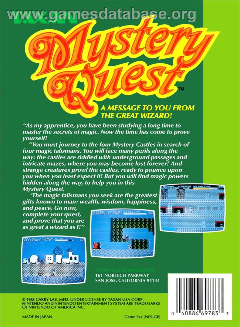 Mystery Quest - Nintendo NES - Artwork - Box Back
