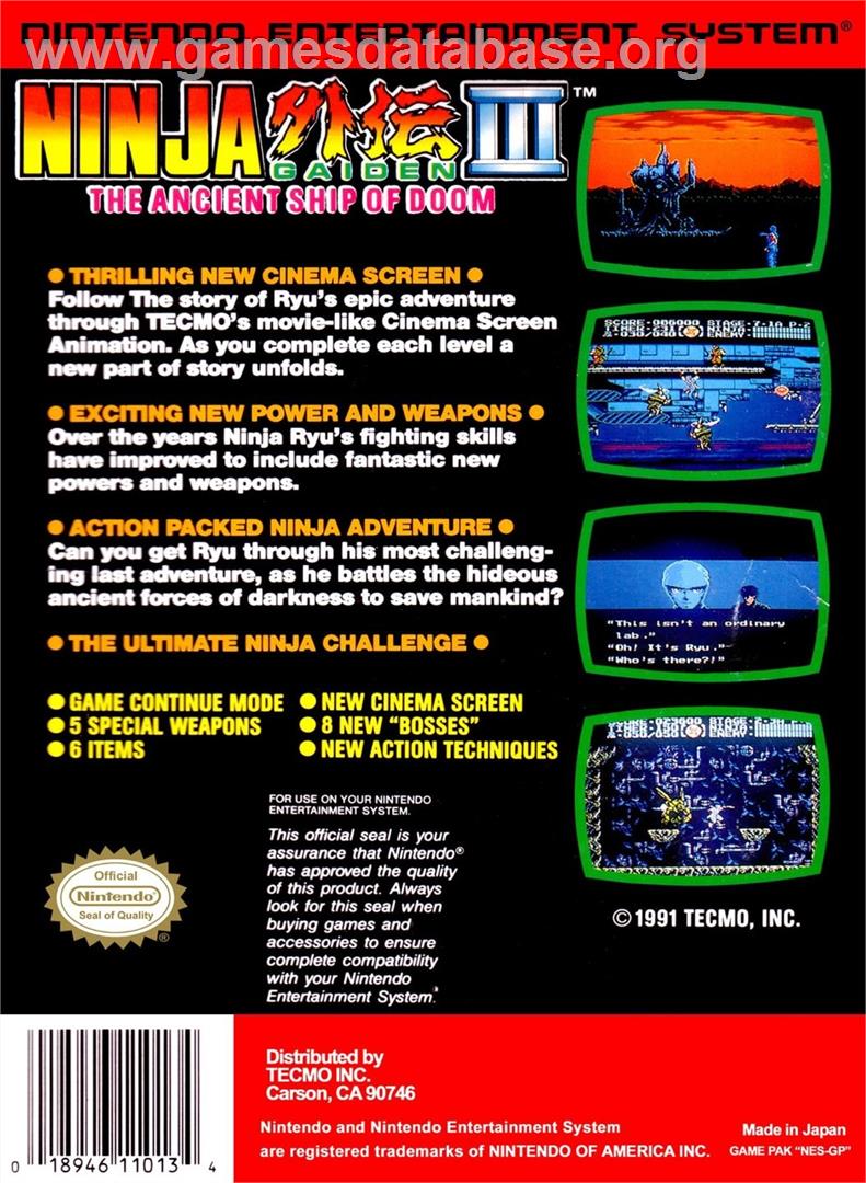 Ninja Gaiden 3 - The Ancient Ship Of Doom - Nintendo NES - Artwork - Box Back