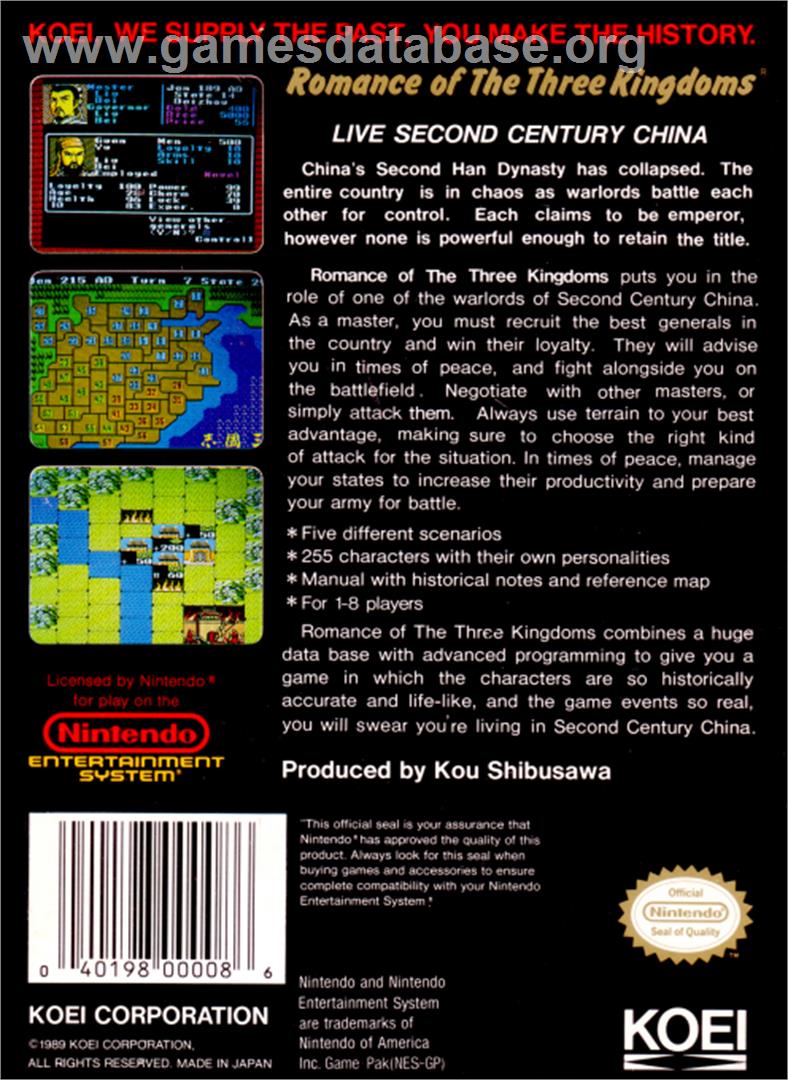 Romance of the Three Kingdoms - Nintendo NES - Artwork - Box Back