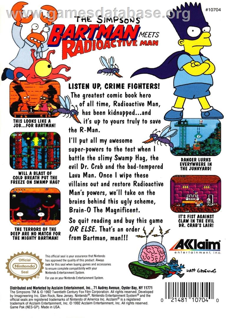 Simpsons - Bartman Meets Radioactive Man, The - Nintendo NES - Artwork - Box Back