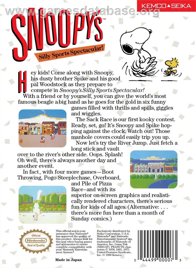 Snoopy's Silly Sports Spectacular! - Nintendo NES - Artwork - Box Back