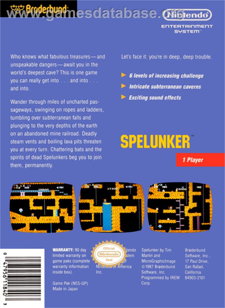 Spelunker - Nintendo NES - Artwork - Box Back