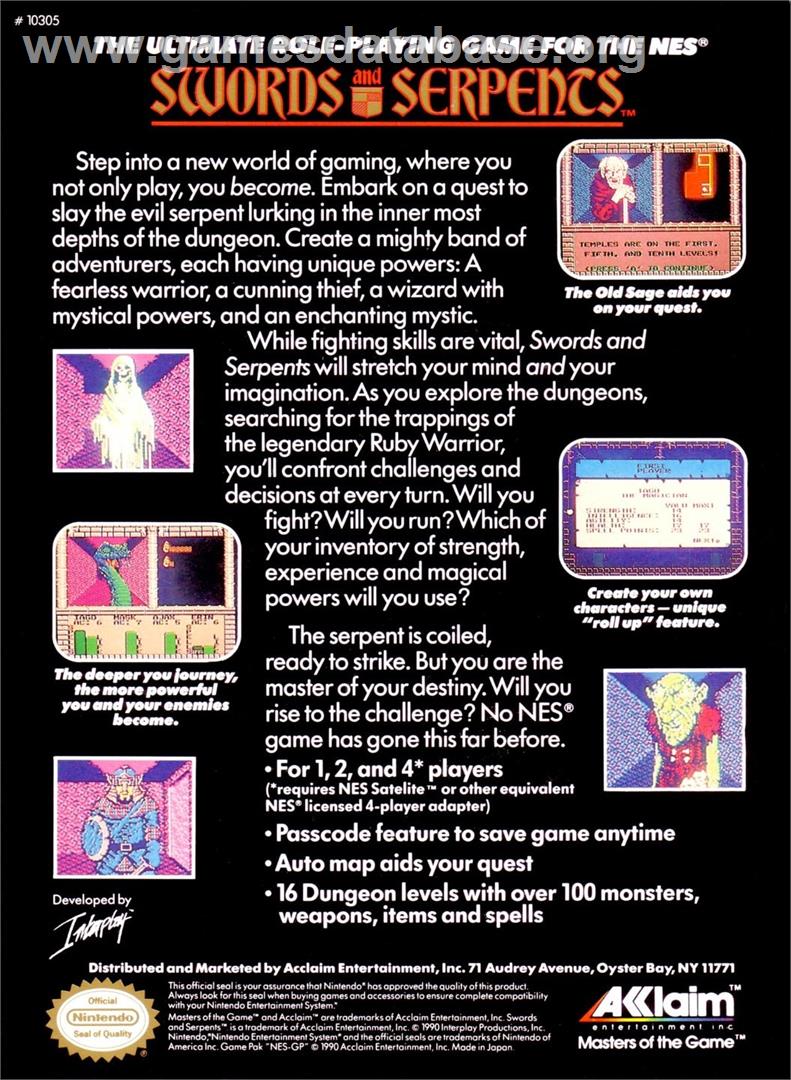 Swords And Serpents - Nintendo NES - Artwork - Box Back