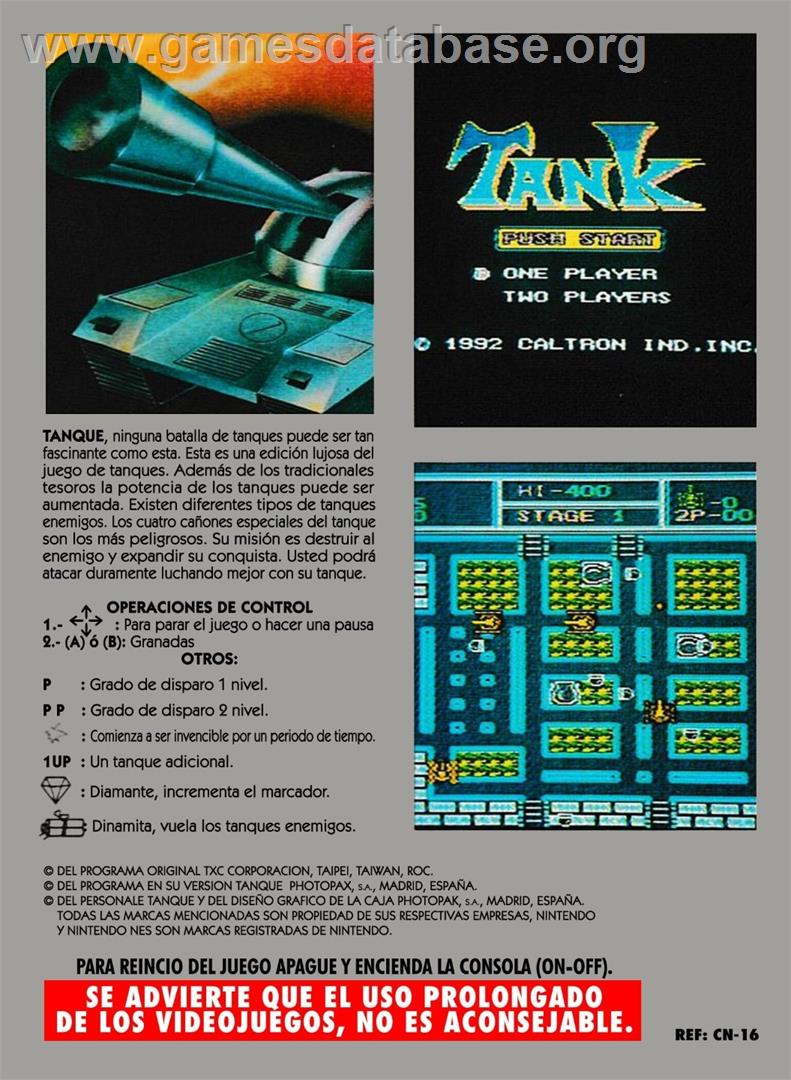 Tanque - Nintendo NES - Artwork - Box Back