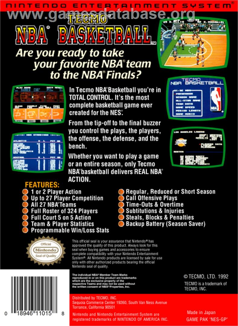 Tecmo NBA Basketball - Nintendo NES - Artwork - Box Back