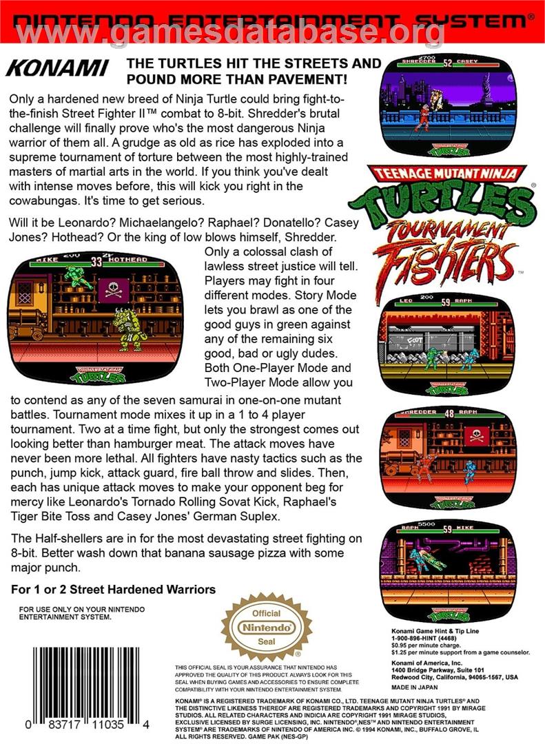 Teenage Mutant Ninja Turtles - Tournament Fighters - Nintendo NES - Artwork - Box Back
