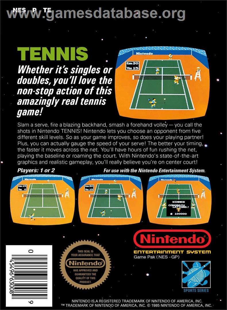 Tennis - Nintendo NES - Artwork - Box Back