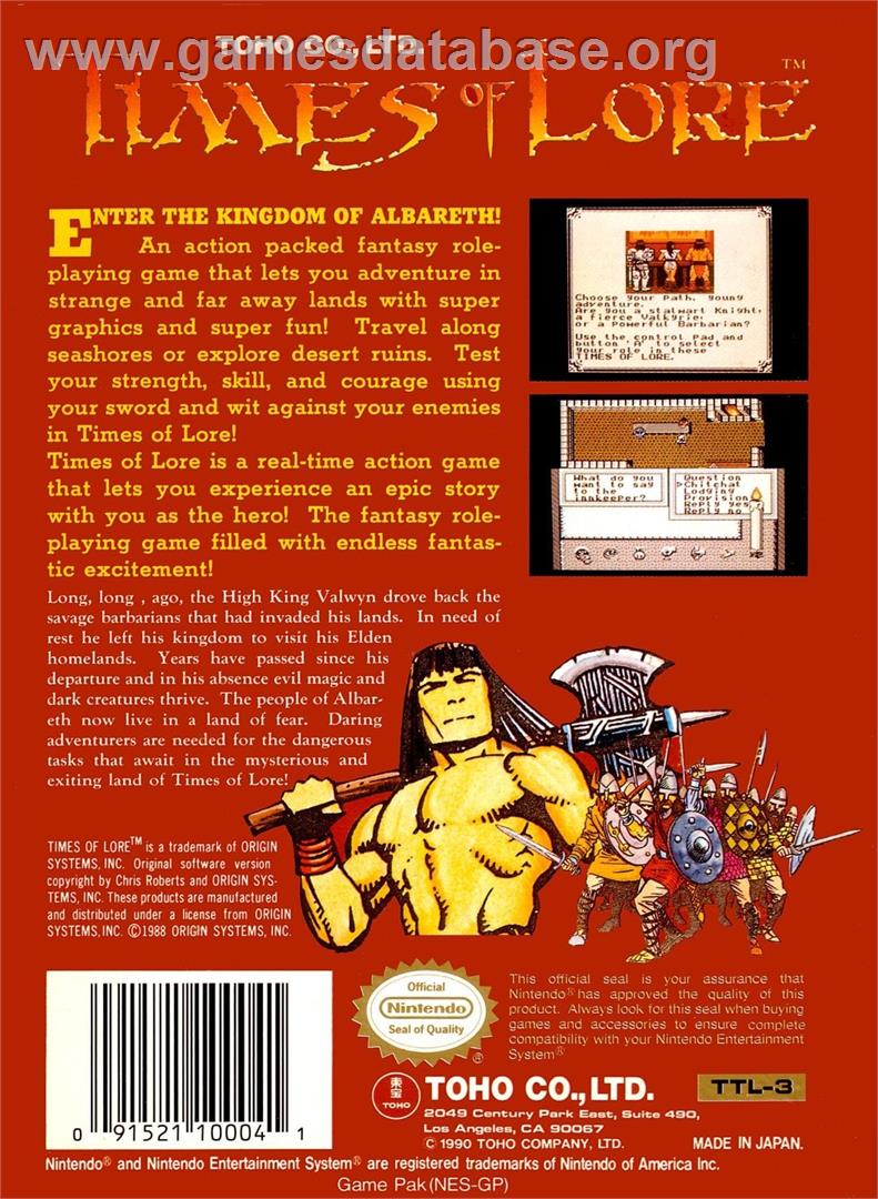 Times Of Lore - Nintendo NES - Artwork - Box Back