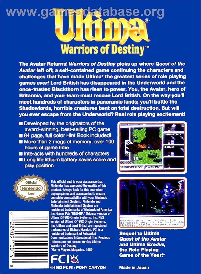 Ultima - Warriors Of Destiny - Nintendo NES - Artwork - Box Back