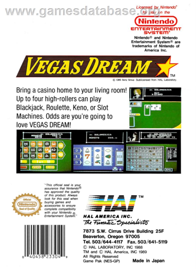 Vegas Dream - Nintendo NES - Artwork - Box Back