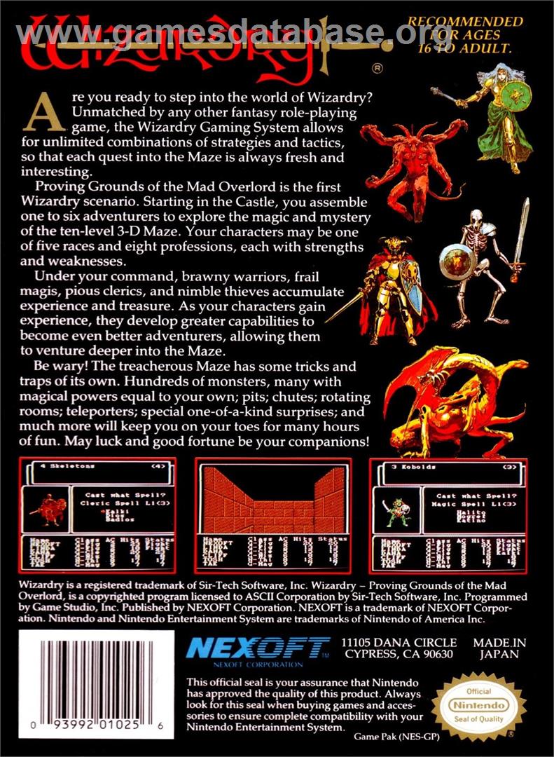 Wizardry - Proving Grounds Of The Mad Overlord - Nintendo NES - Artwork - Box Back