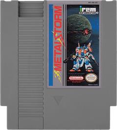 Cartridge artwork for Metal Storm on the Nintendo NES.