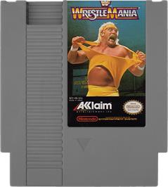 Cartridge artwork for WWF Wrestlemania on the Nintendo NES.