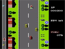In game image of Road Fighter on the Nintendo NES.