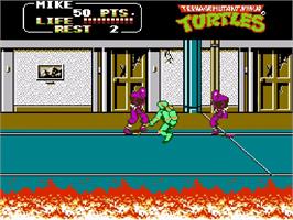 In game image of Teenage Mutant Ninja Turtles: Tournament Fighters on the Nintendo NES.