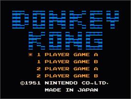 Title screen of Donkey Kong on the Nintendo NES.