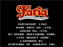 Title screen of Faria - A World Of Mystery And Danger! on the Nintendo NES.