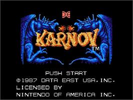Title screen of Karnov on the Nintendo NES.