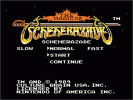 Title screen of Magic of Scheherazade on the Nintendo NES.