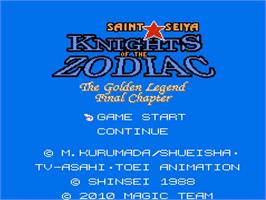 Title screen of Saint Seiya - Ougon Densetsu Kanketsu Hen on the Nintendo NES.