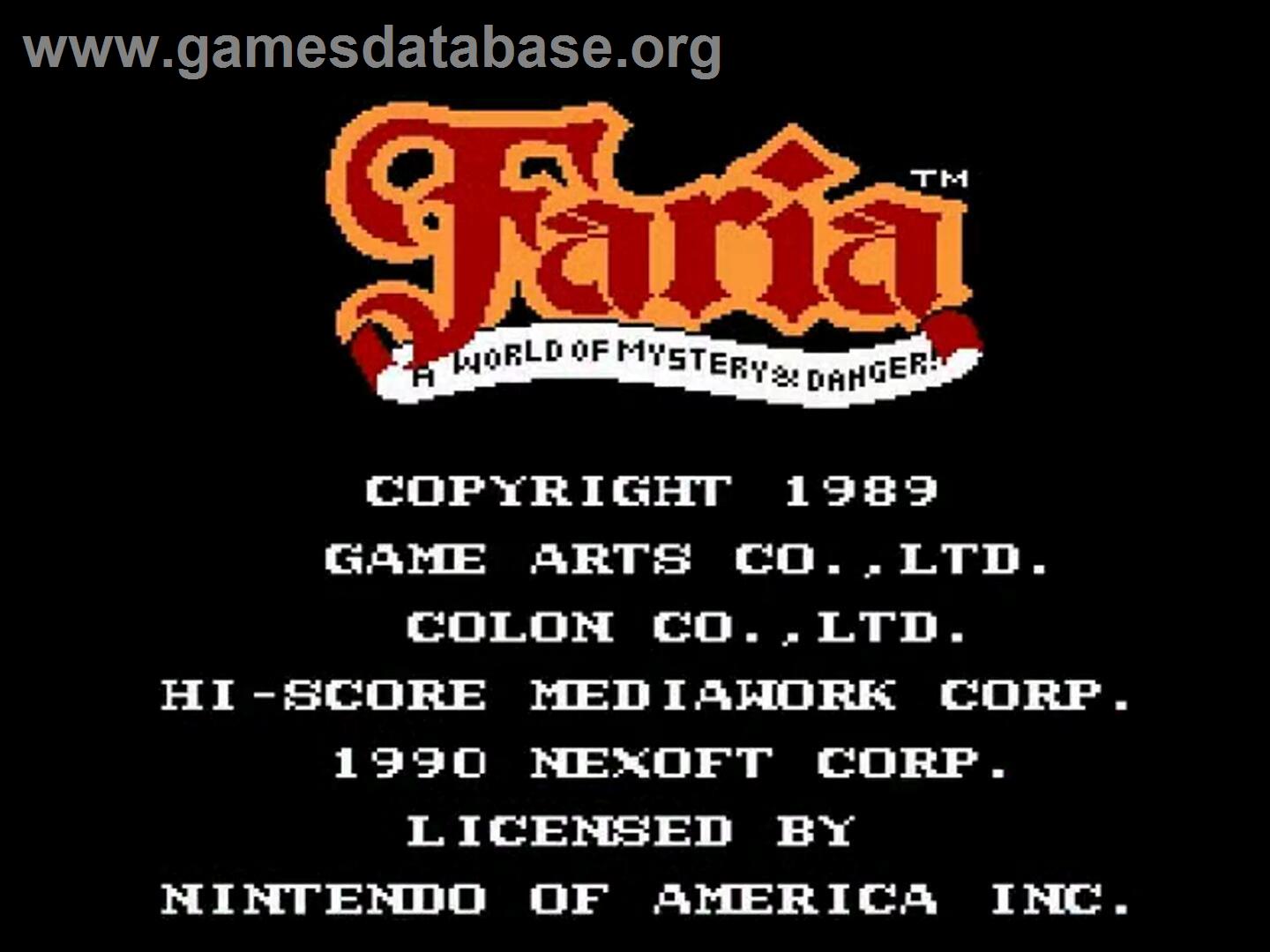 Faria - A World Of Mystery And Danger! - Nintendo NES - Artwork - Title Screen