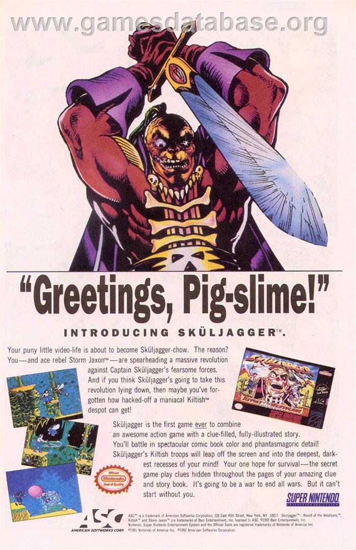 Skuljagger - Revolt Of The Westicans - Nintendo SNES - Artwork - Advert