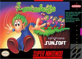 Box cover for Lemmings on the Nintendo SNES.