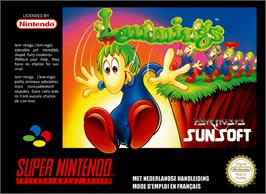 Box cover for Lemmings on the Nintendo SNES.