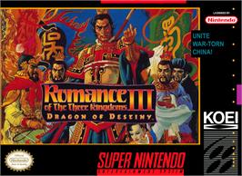 Box cover for Romance of the Three Kingdoms III: Dragon of Destiny on the Nintendo SNES.