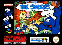Box cover for The Smurfs on the Nintendo SNES.