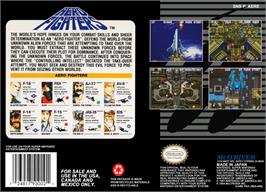Box back cover for Aero Fighters on the Nintendo SNES.