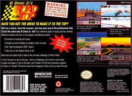 Box back cover for Al Unser Jr.'s Road To The Top on the Nintendo SNES.
