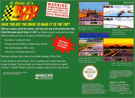 Box back cover for Al Unser Jr.'s Road to the Top on the Nintendo SNES.