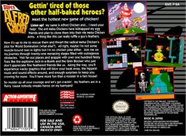 Box back cover for Alfred Chicken on the Nintendo SNES.