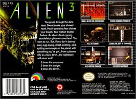 Box back cover for Alien 3 on the Nintendo SNES.