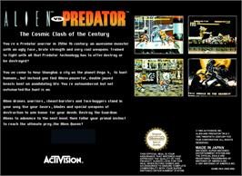 Box back cover for Alien Vs. Predator on the Nintendo SNES.