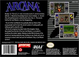 Box back cover for Arcana on the Nintendo SNES.