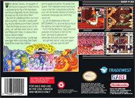Box back cover for Battletoads in Battlemaniacs on the Nintendo SNES.