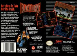 Box back cover for Blackthorne on the Nintendo SNES.