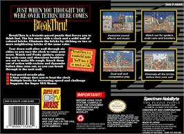 Box back cover for BreakThru! on the Nintendo SNES.